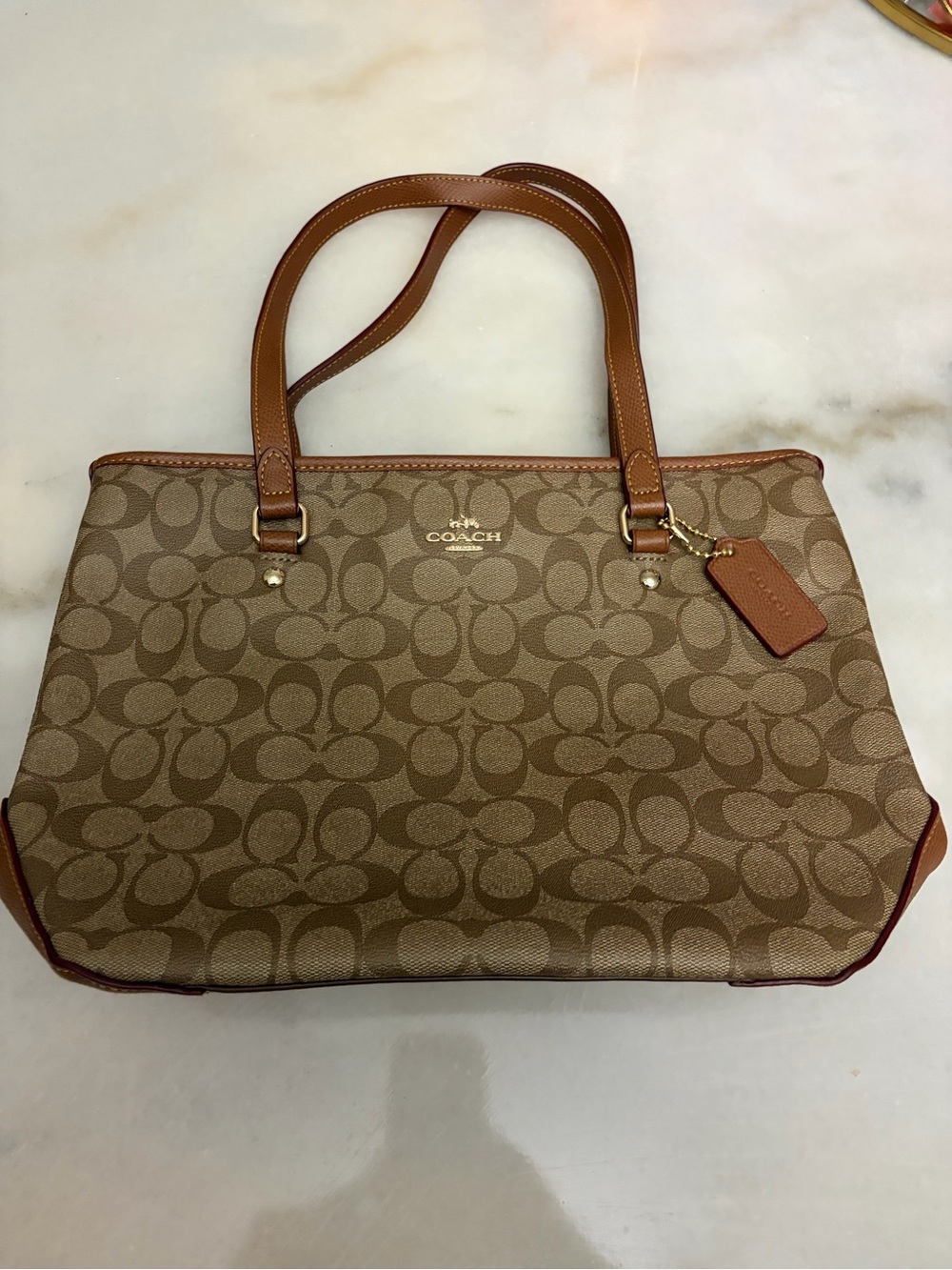 Coach Khaki/Chestnut Signature Canvas Top ZipTote with Leather Trim